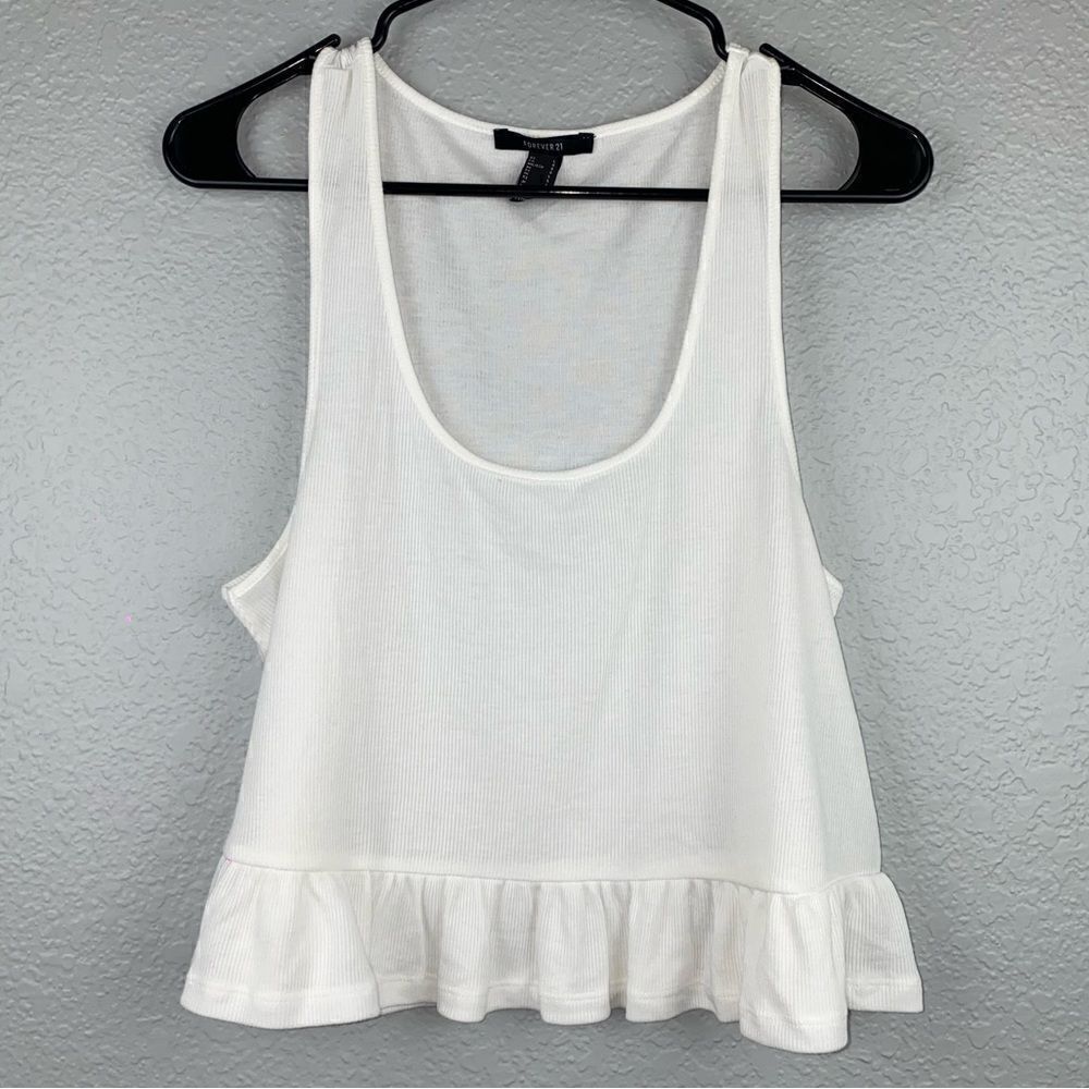 Forever 21 Womens Scoop Neck Sleeveless Ruffle Hem Ribbed Tank Top White Large